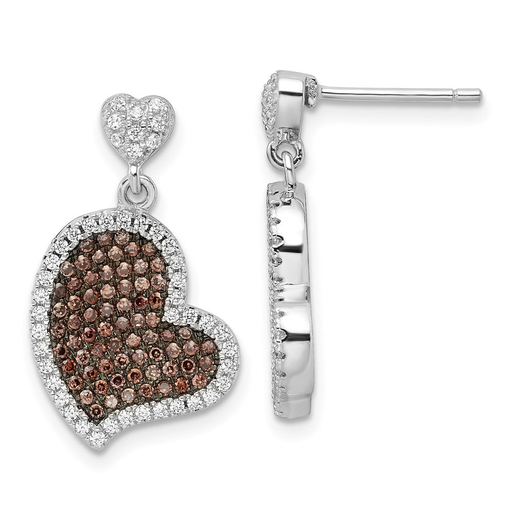 True Fire Sterling Silver Brown & White CZ Heart Dangle Post Earrings, 23.2 x 15 mm