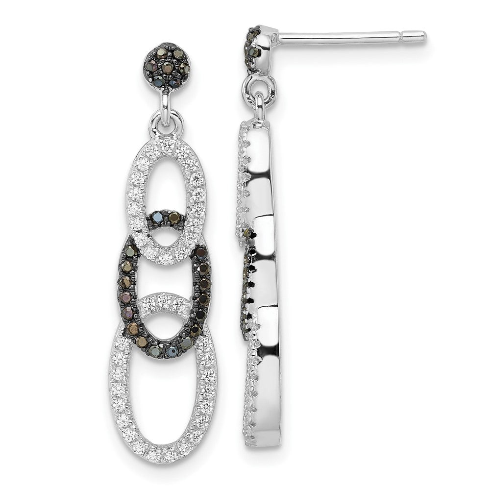 True Fire Sterling Silver Black & White  CZ Oval Dangle Post Earrings, 30.7 x 8 mm