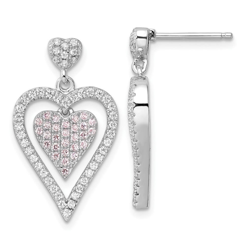 Sterling Silver Pink & Clear CZ Brilliant Embers Heart Dangle Post Earrings, 25.25 x 14.6 mm
