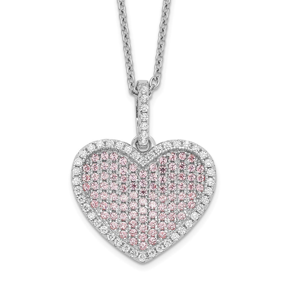 Brilliant Embers Sterling Silver Rhodium-plated 142 Stone 18 inch White and Pink CZ Heart Necklace with 2 Inch Extender, 18 mm