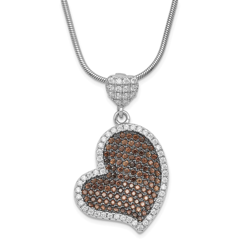 True Fire Sterling Silver Brown & White CZ Heart w/ 2in ext Necklace, 20 mm