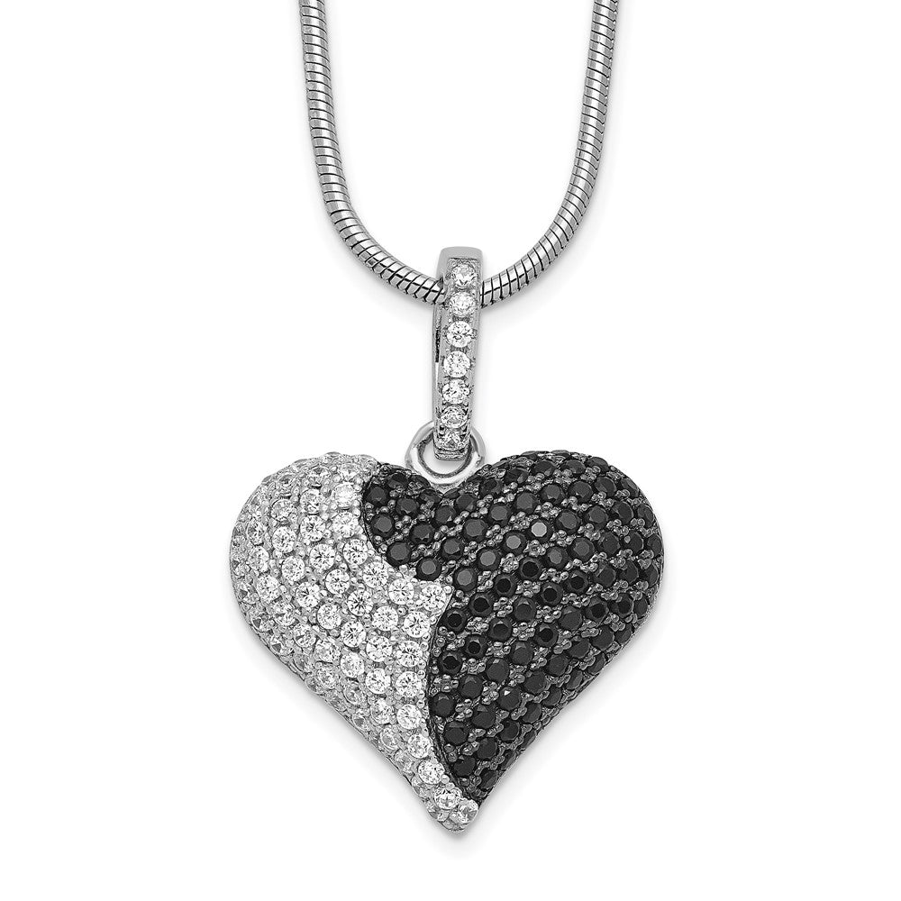 Brilliant Embers Sterling Silver Rhodium-plated 150 Stone 18 inch Micro Pav‚ Black and White CZ Heart Necklace with 2 Inch Extender, 18 mm