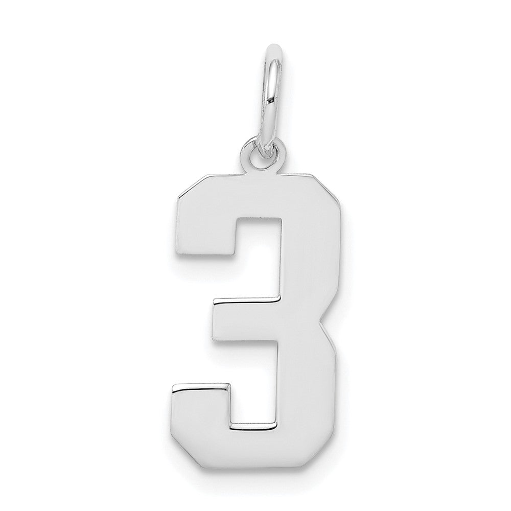 Sterling Silver/Rhodium-plated Polished Number 3 Charm, 21 x 8 mm