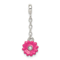 Sterling Silver Pink Enamel Flower w/ CZ 1/2in Dangle Enhancer, 27 x 9 mm