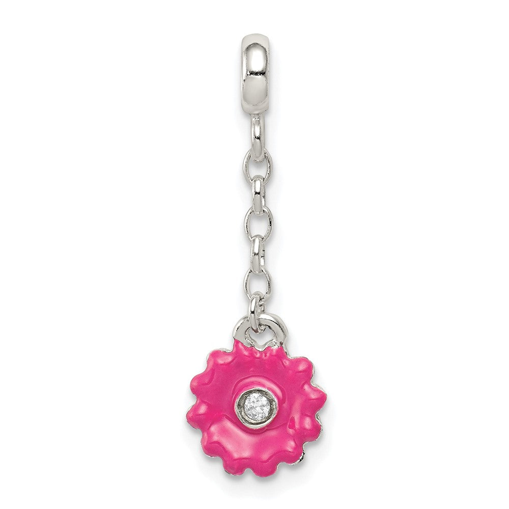 Sterling Silver Pink Enamel Flower w/ CZ 1/2in Dangle Enhancer, 27 x 9 mm