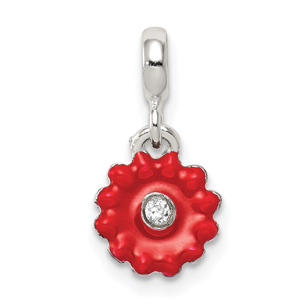 Sterling Silver Red Enameled Flower w/CZ Enhancer, 16 x 8 mm