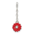 Sterling Silver Red Enameled Flower w/CZ 1/2in Dangle Enhancer, 27 x 8 mm