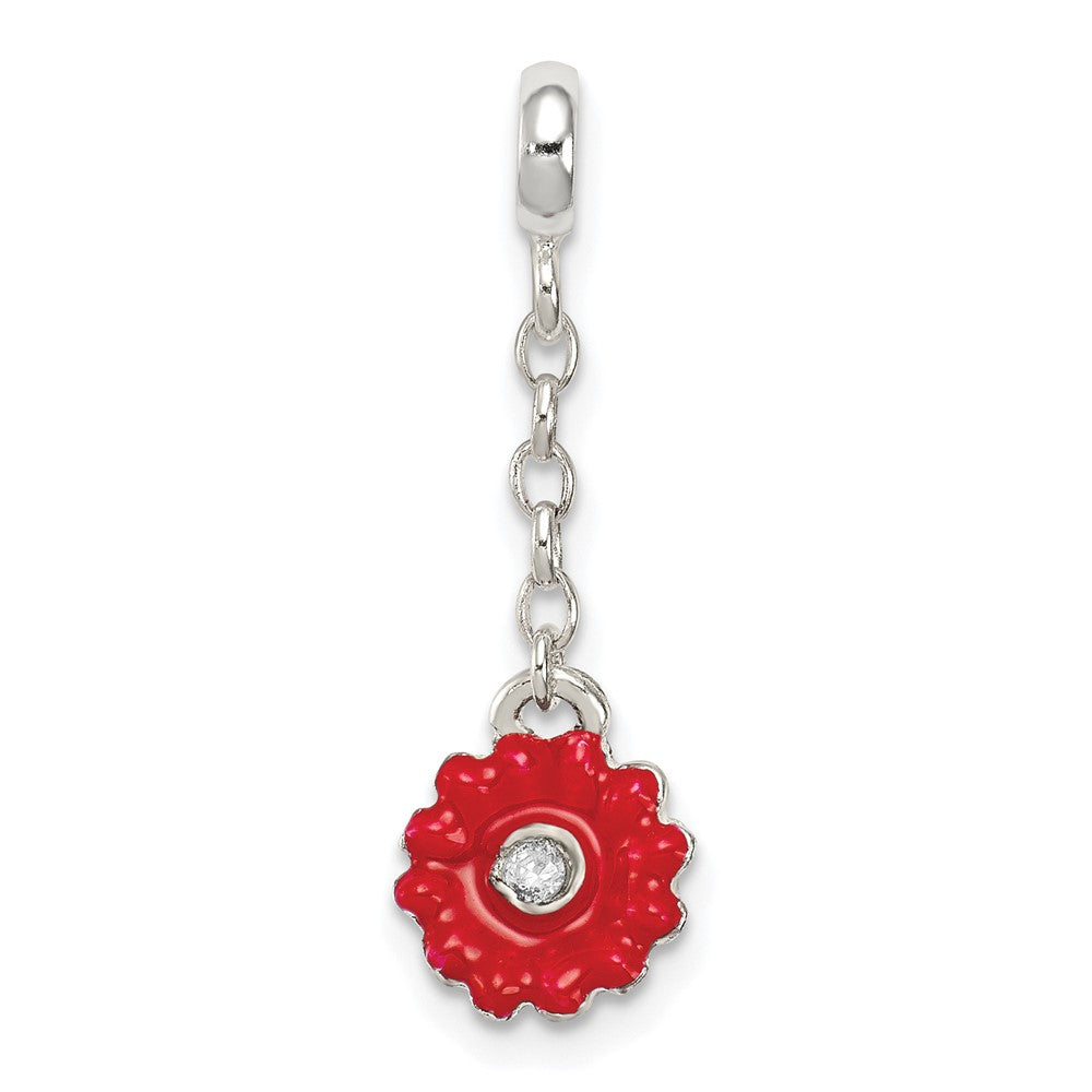 Sterling Silver Red Enameled Flower w/CZ 1/2in Dangle Enhancer, 27 x 8 mm