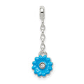 Sterling Silver Blue Enamel Flower w/ CZ 1/2in Dangle Enhancer, 27 x 9 mm