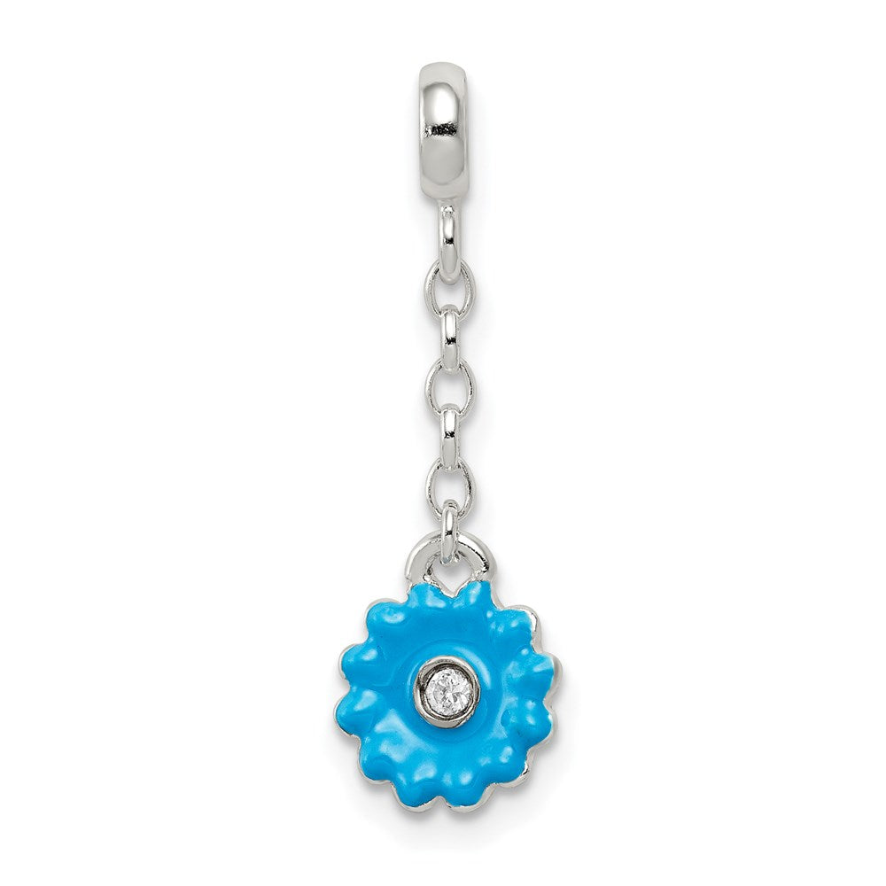 Sterling Silver Blue Enamel Flower w/ CZ 1/2in Dangle Enhancer, 27 x 9 mm
