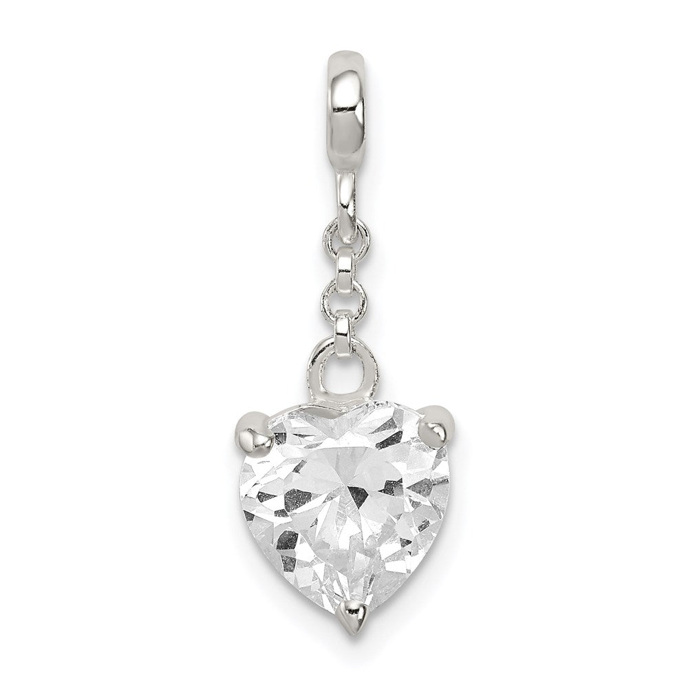 Sterling Silver Clear CZ Heart 1/2in Dangle Enhancer, 24 x 9 mm
