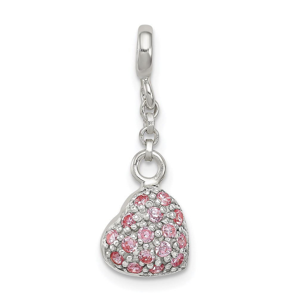 Sterling Silver Pink CZ Puffed Heart 1/2in Dangle Enhancer, 25 x 9 mm