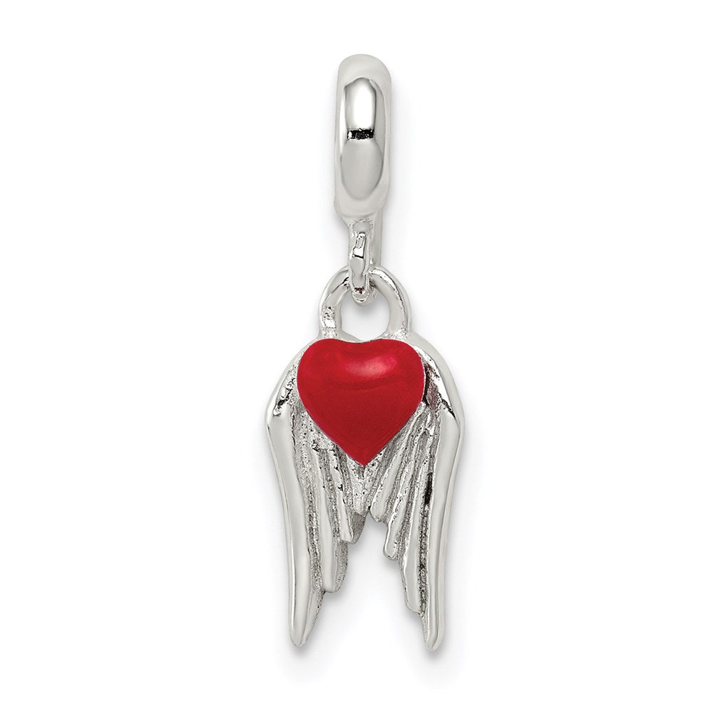 Sterling Silver Red Enameled Heart w/ Wings Enhancer, 19 x 7 mm