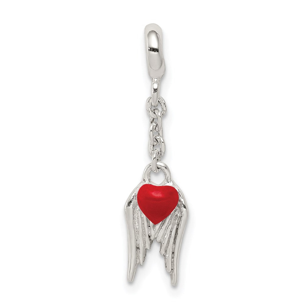 Sterling Silver Red Enameled Heart w/ Wings 1/2in Dangle Enhancer, 26 x 6 mm