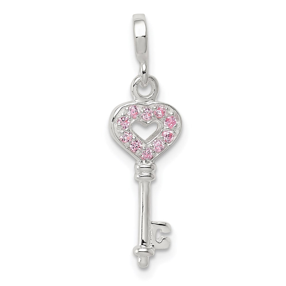 Sterling Silver Key with Pink CZ Heart Enhancer, 25 x 7 mm