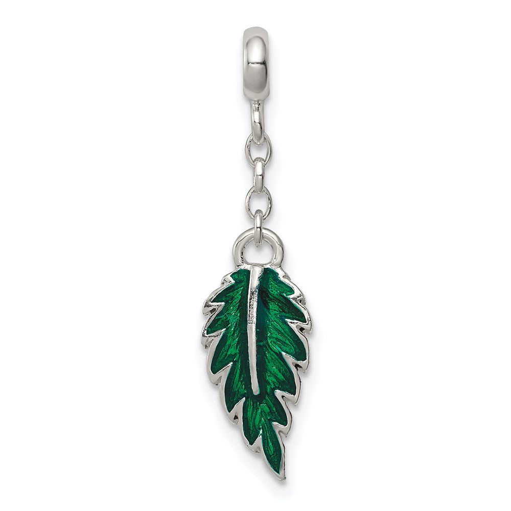 Sterling Silver Green Enameled Leaf 1/2in Dangle Enhancer, 31 x 7 mm