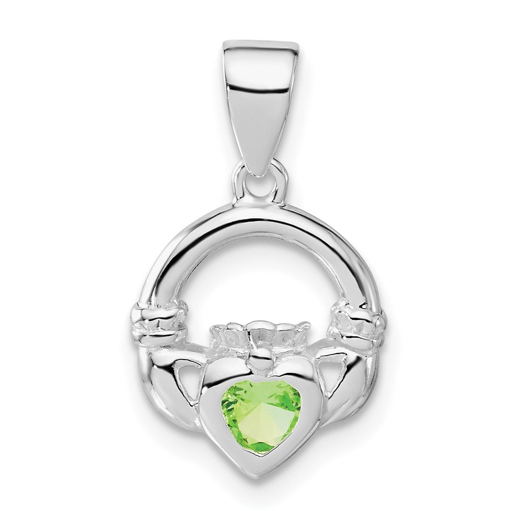 Sterling Silver Polished Green CZ Claddagh Pendant, 20.7 x 12.05 mm