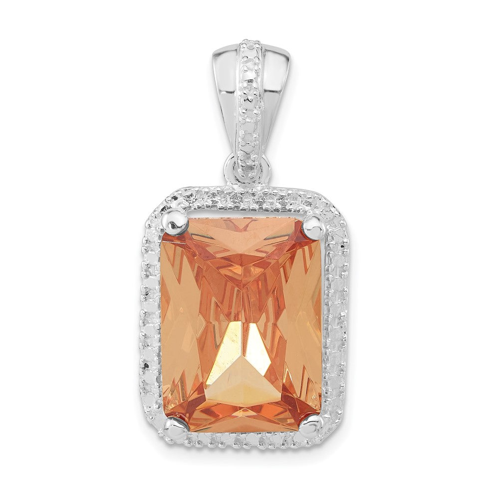 Sterling Silver Polished Champagne CZ Rectangle Pendant, 33.7 x 16.9 mm
