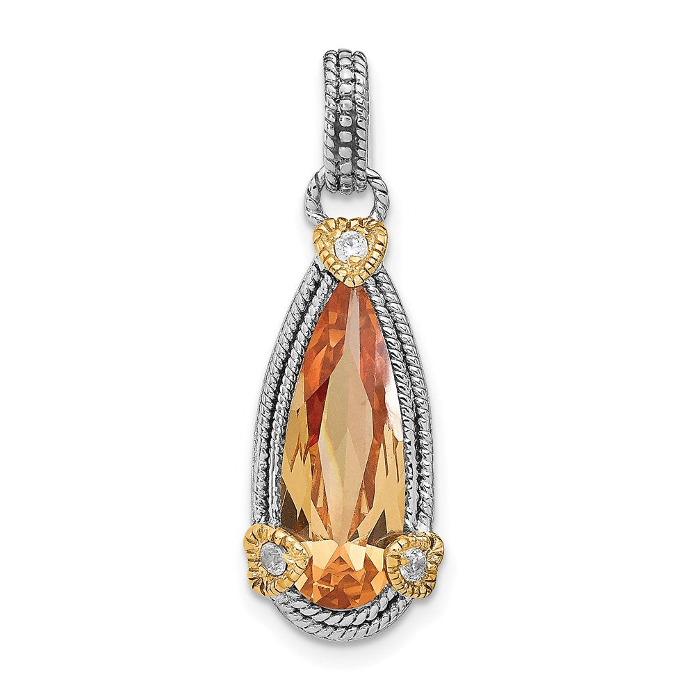 Sterling Silver & Vermeil Rhodium-plated Champagne CZ Pendant, 31 x 11 mm