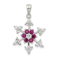 Sterling Silver Rhodium-plated Created Ruby and CZ Snowflake Charm, 28 x 18 mm