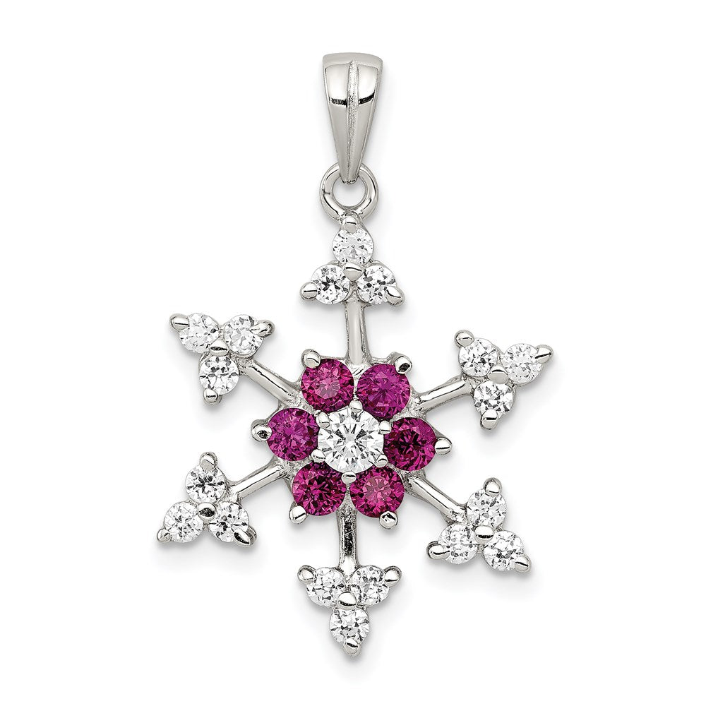 Sterling Silver Rhodium-plated Created Ruby and CZ Snowflake Charm, 28 x 18 mm
