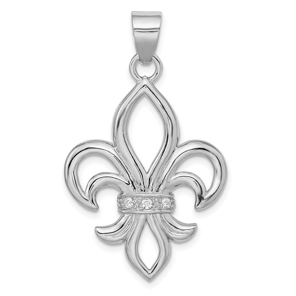Sterling Silver Rhodium-platedCZ Fleur de Lis Pendant, 45 x 17 mm