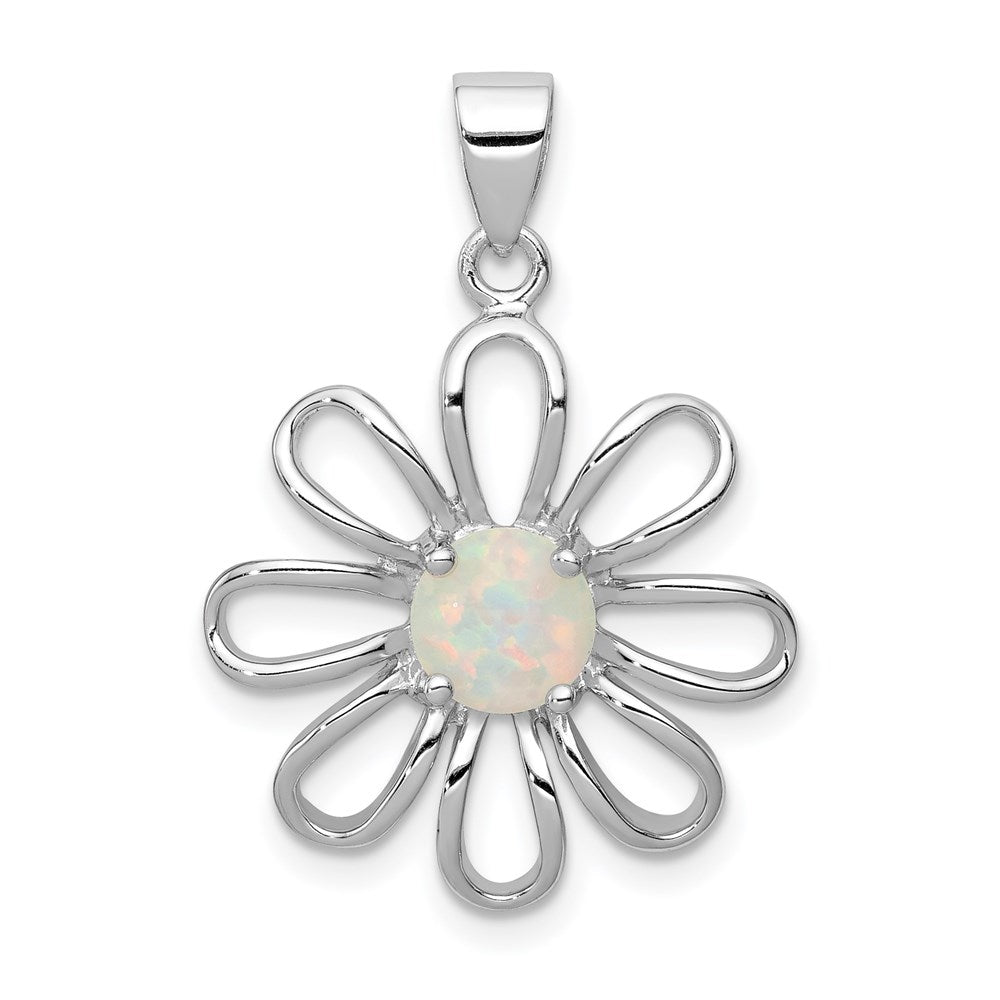 Sterling Silver rhodium Plated Created Opal Daisy Slide, 27 x 20 mm
