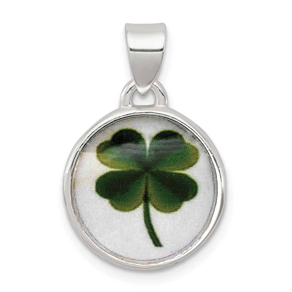 Sterling Silver 4 Leaf Clover Clear Enamel Pendant, 15 x 15 mm