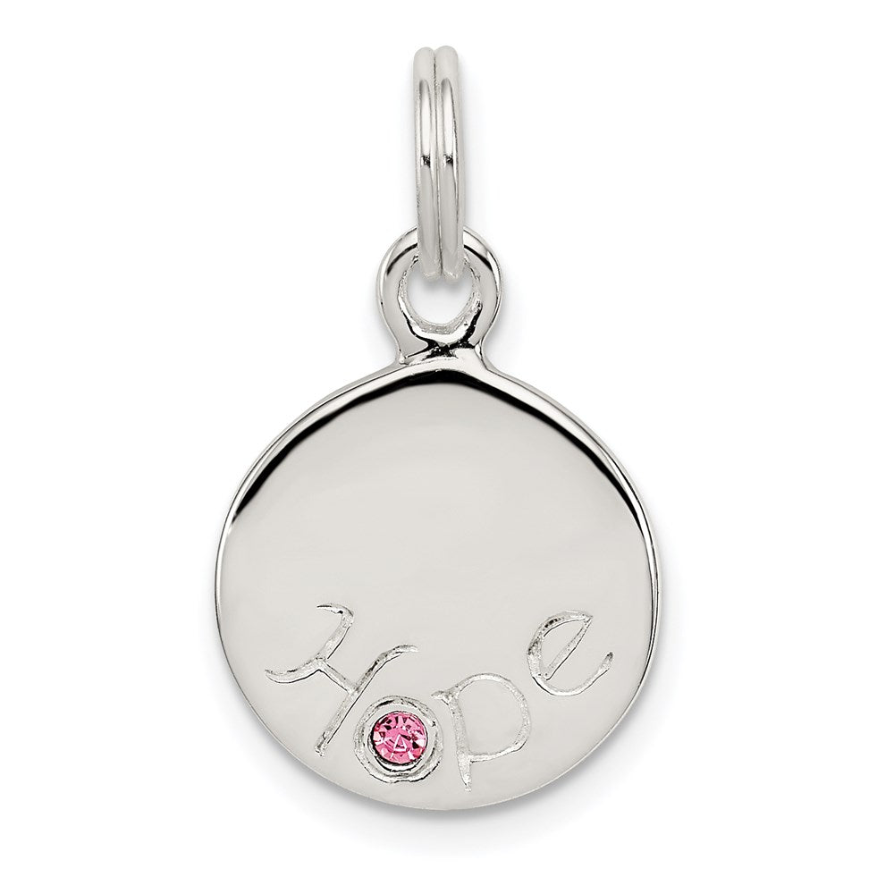 Sterling Silver Hope w/Pink CZ Disc Charm, 16 x 13 mm