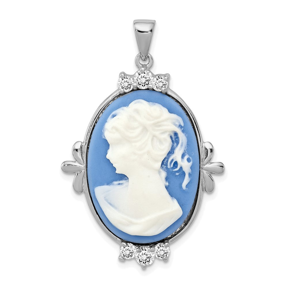 Sterling Silver Rhodium-plated Blue Plastic Cameo with CZ accents Pendant, 35 x 25 mm