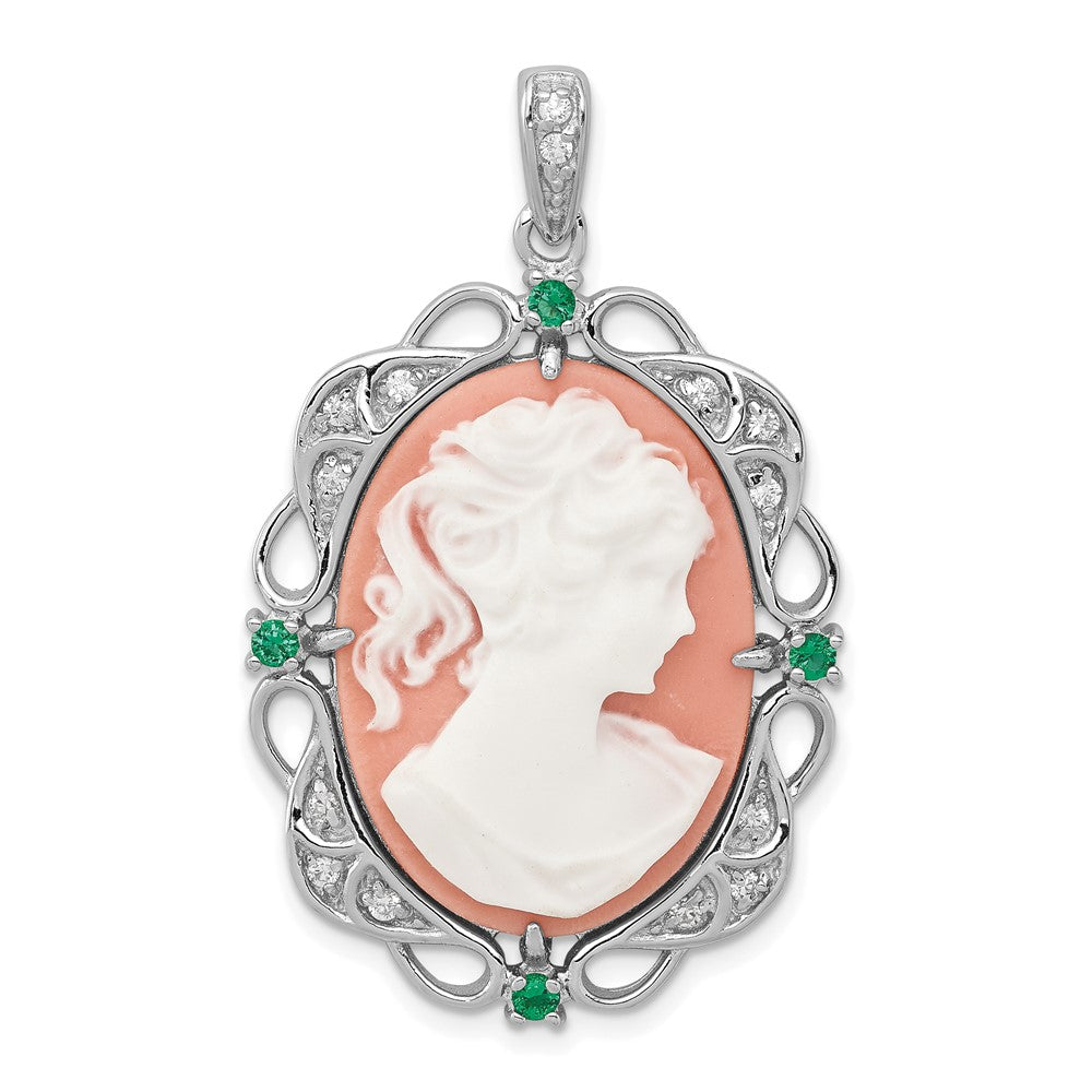 Sterling Silver Rhodium-plated Filigree Frame with Green Glass and Clear CZ Accents Plastic Pink Lady Cameo Pendant, 42 x 25 mm