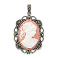 Sterling Silver Antiqued Marcasite Plastic Pink Cameo Pendant, 42 x 25 mm