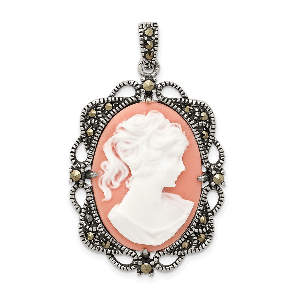 Sterling Silver Antiqued Marcasite Plastic Pink Cameo Pendant, 42 x 25 mm