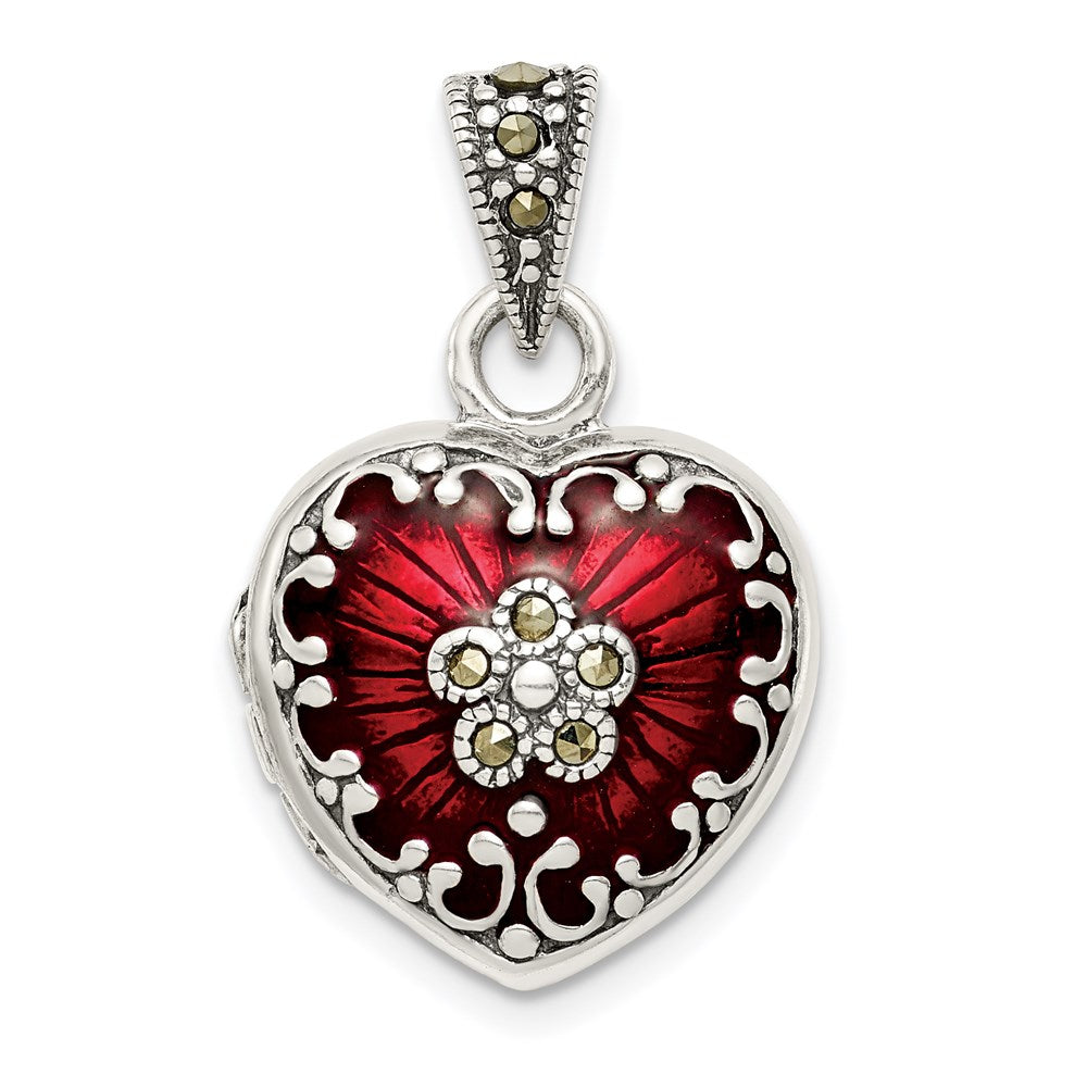 Sterling Silver Antiqued Red Enamel and Marcasite Heart Locket, 25.85 x 16.75 mm