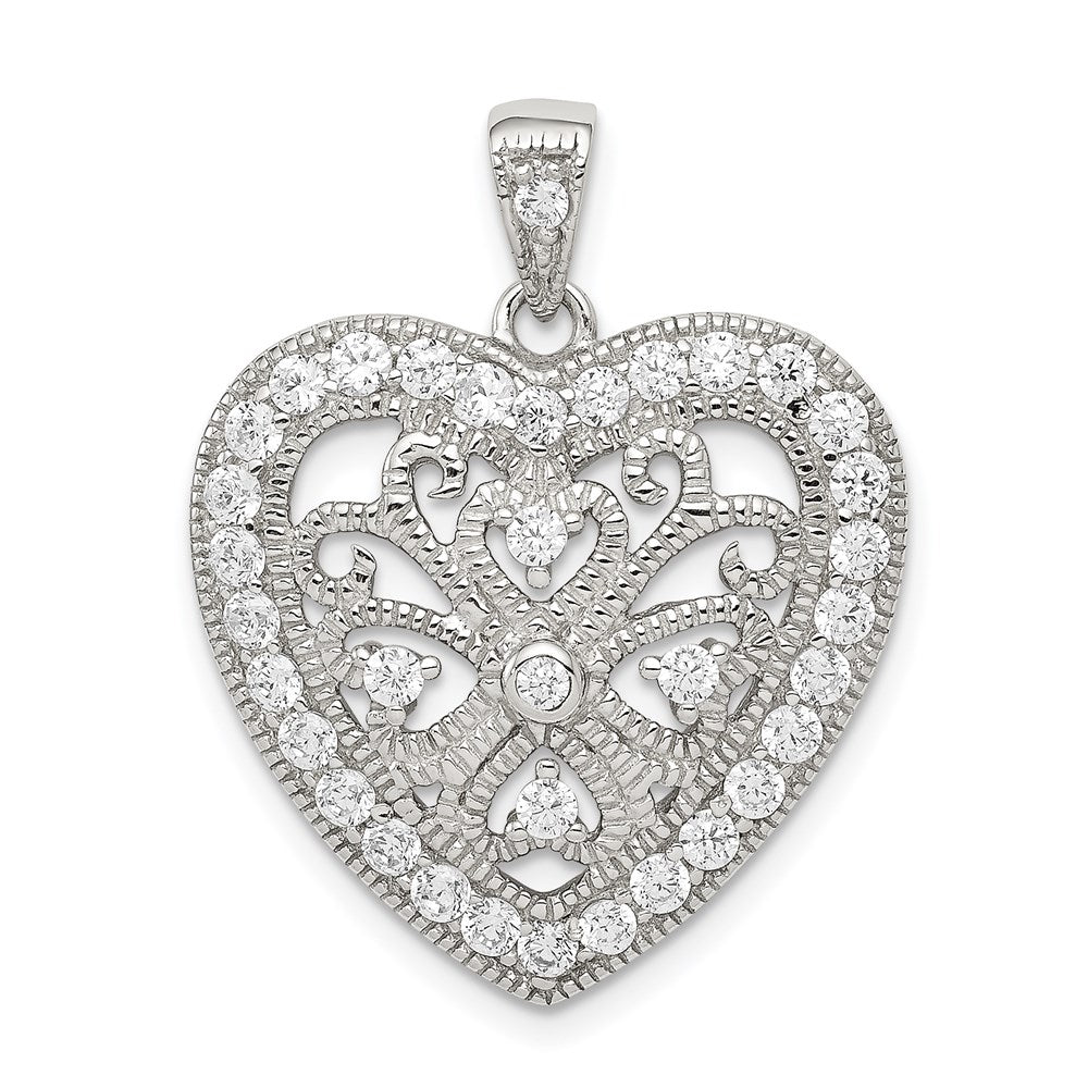 Sterling Silver Rhodium-plated CZ Filigree Heart Pendant, 28 x 22 mm