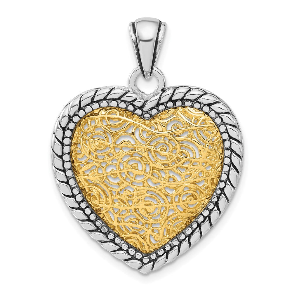 Sterling Silver Antiqued Gold-tone Vermeil Heart Pendant, 36.8 x 27.45 mm