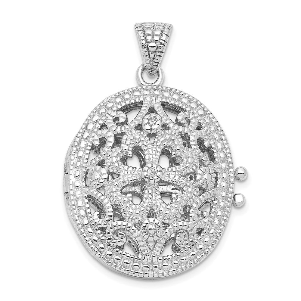 Sterling Silver Rhodium-plated CZ Fancy Filigree Oval 22mm Locket, 29.35 x 20.55 mm