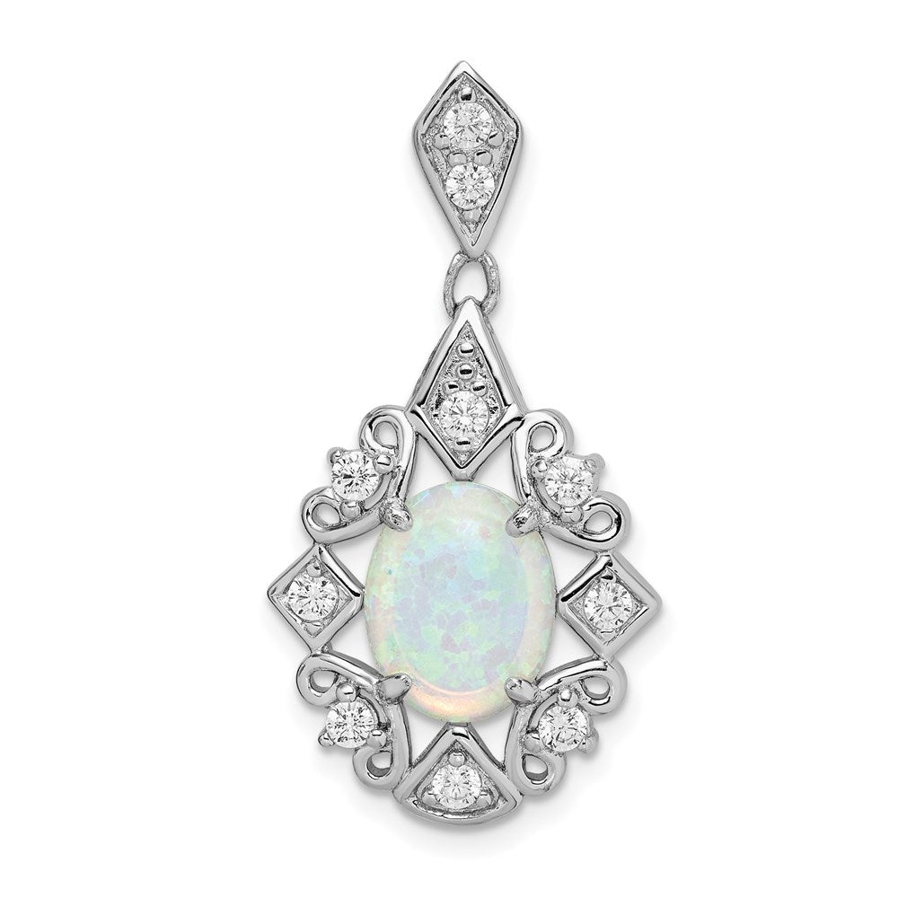 Sterling Silver Rhodium-plated Created Opal and CZ Pendant, 32 x 17 mm
