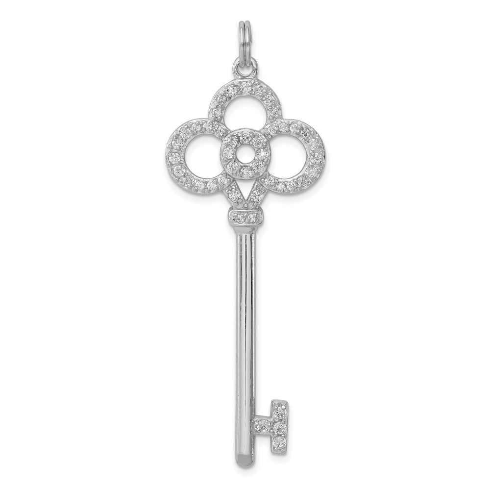 Sterling Silver Rhodium-plated and CZ Key Pendant, 55 x 20 mm