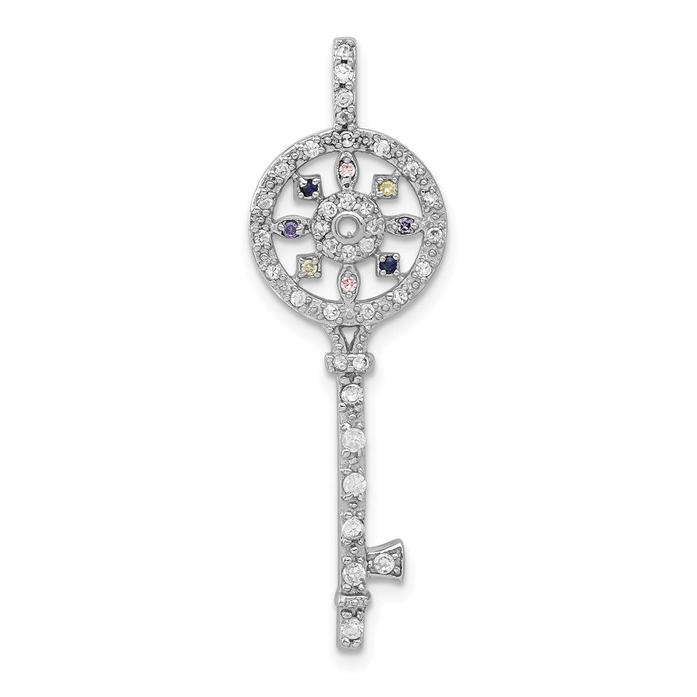 Sterling Silver Multicolor CZ Key Pendant, 40 x 13 mm