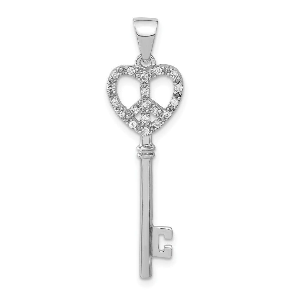 Sterling Silver CZ Peace Heart Key Pendant, 39.6 x 11.5 mm