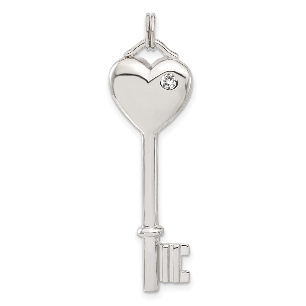 Sterling Silver CZ Heart Key Pendant, 47 x 14 mm