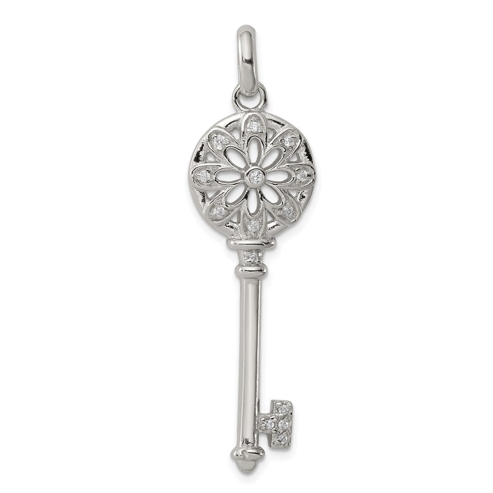 Sterling Silver Rhodium-plated CZ Key Pendant, 49 x 14 mm