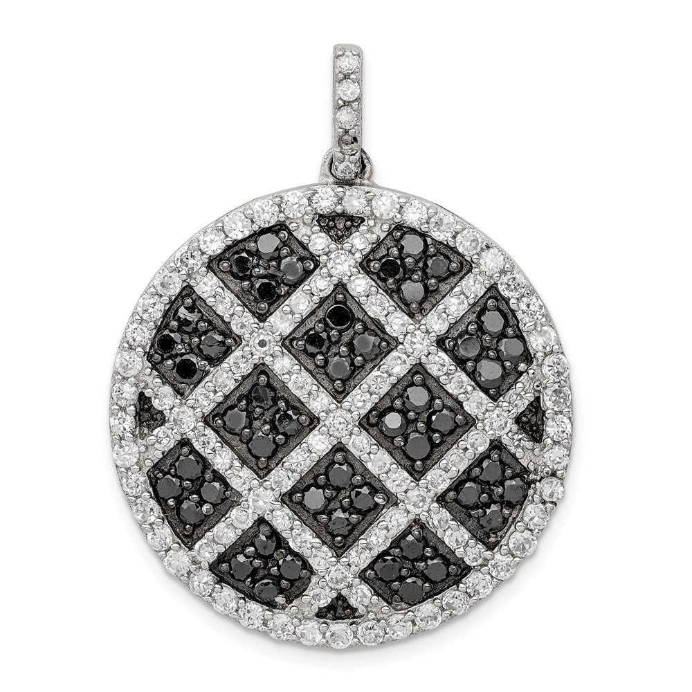 Sterling Silver Rhod-pltd Polished Black/White CZ Checkered Circle Pendant, 39 x 30 mm