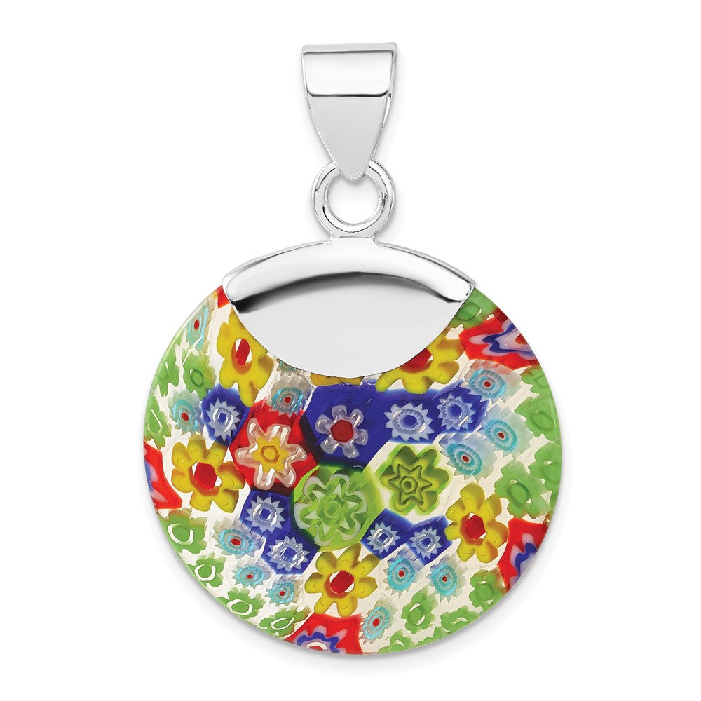 Sterling Silver Polished Multicolored Glass Fancy Round Pendant, 44 x 30 mm