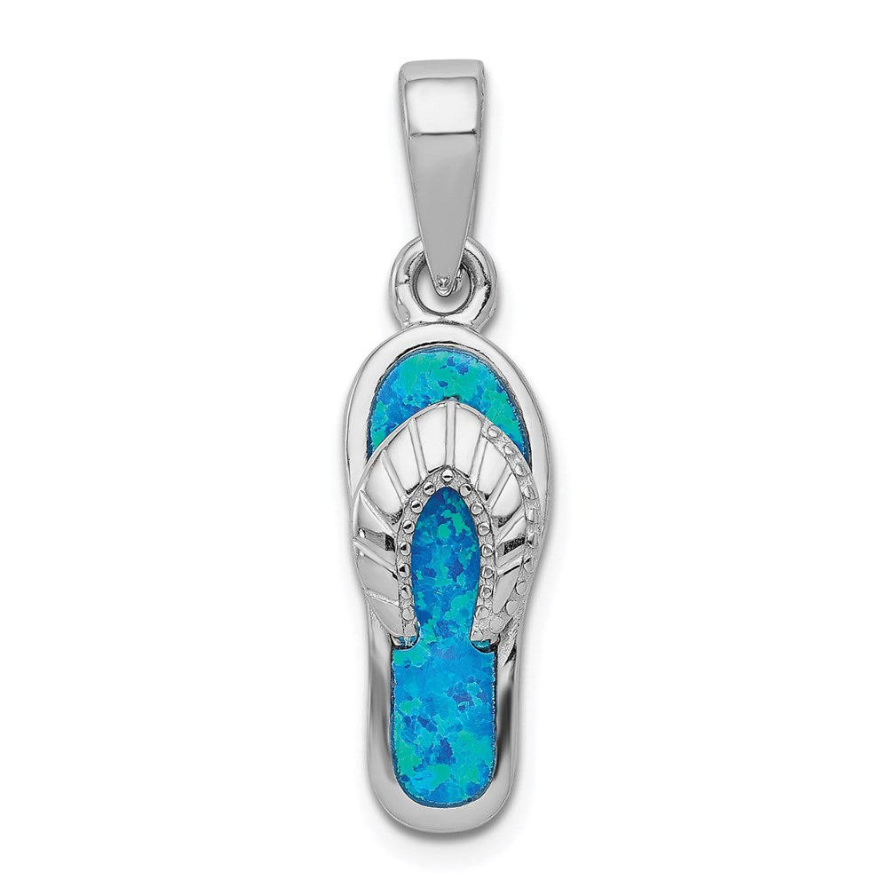 Sterling Silver Rhodium-plated Polished Created Blue Inlay Opal Sandal Pendant, 28.75 x 8 mm