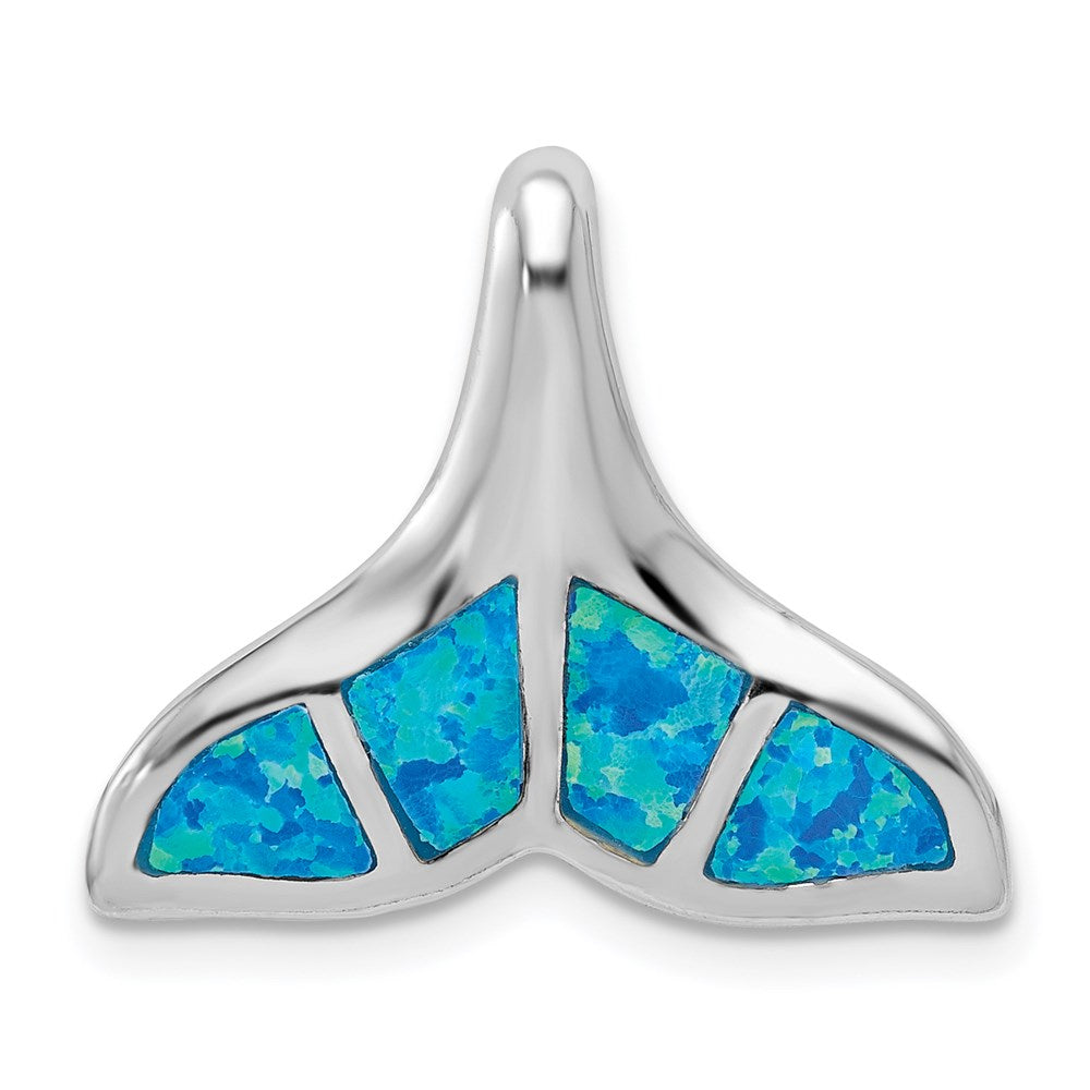 Sterling Silver Rhodium-plated Polished Created Blue Opal Whale Tail Chain Slide, 18 x 21 mm