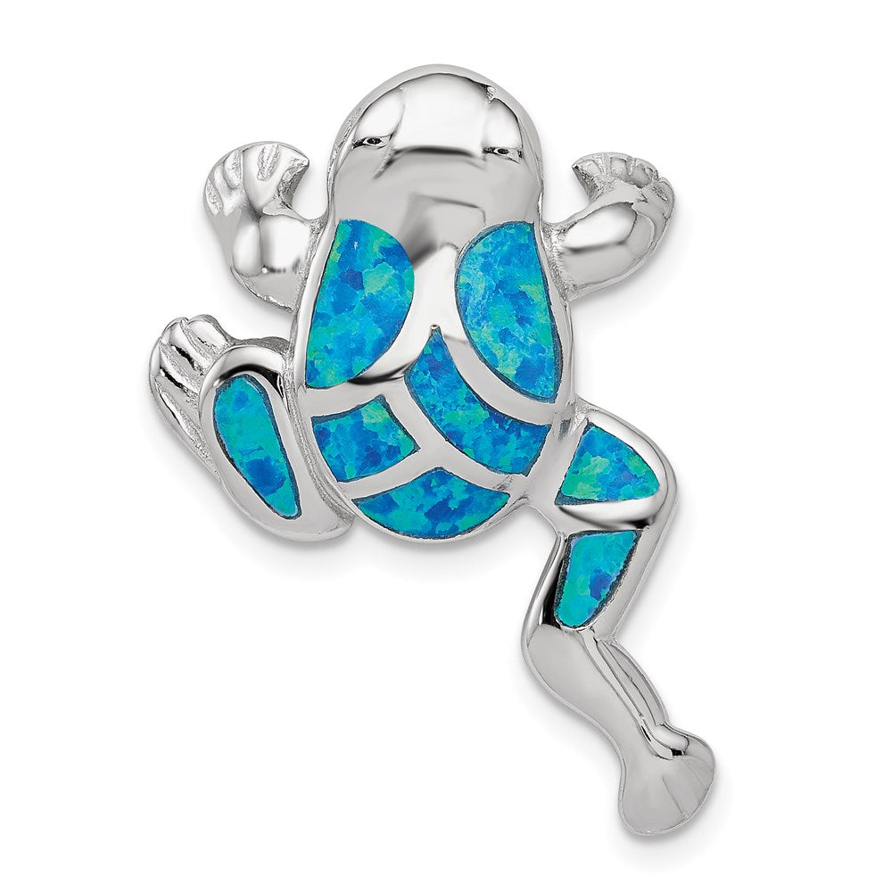 Sterling Silver Rhod-plated Created Blue Opal Inlay Frog Slide Pendant, 28 x 19 mm