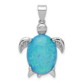 Sterling Silver Rhodium-plated Polished Created Blue Opal Inlay Sea Turtle Pendant, 27 x 16 mm