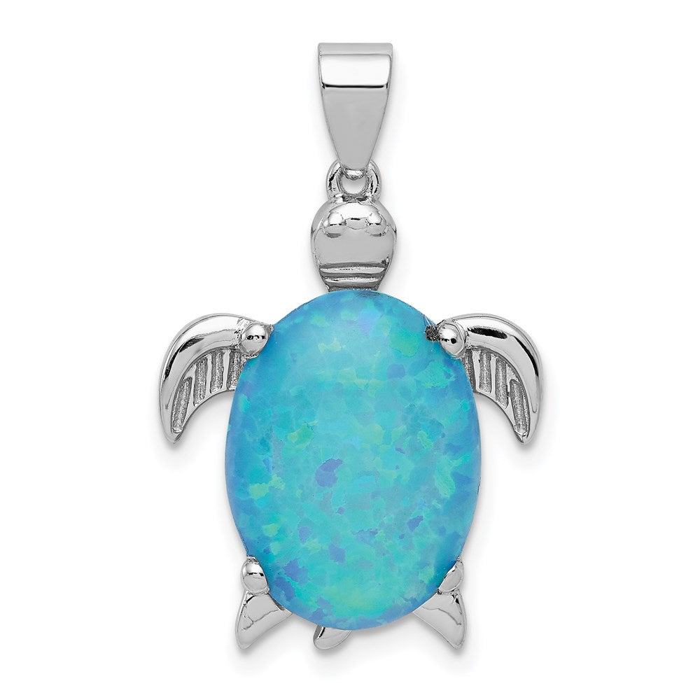 Sterling Silver Rhodium-plated Polished Created Blue Opal Inlay Sea Turtle Pendant, 27 x 16 mm